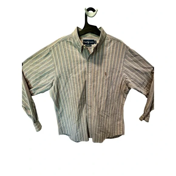 Ralph Lauren Polo Shirt Mens Large Blue Striped Classic Fit Button Up Brown Pony - Picture 2 of 4